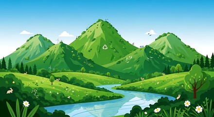 Idyllic vector illustration of a lush green mountain valley with a clear river, promoting environmental conservation and ecology