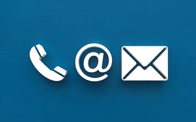 Collection of communication icons a telephone receiver, an at symbol, and an envelope, representing contact methods, on a blue background