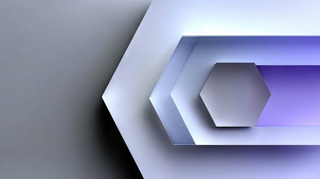 Abstract composition of layered geometric shapes, featuring concentric hexagons and a gradient of soft purple and blue hues, illuminated by gentle light.
