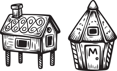 Naklejka premium Hand-Drawn Fantasy Houses – Cute Sketch Doodle Cabin and Hut Illustration