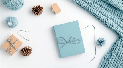 Overhead view of gift wrapping supplies including yarn balls, pinecones, twine, and wrapped presents, alongside a chunky knit scarf, on a white background with