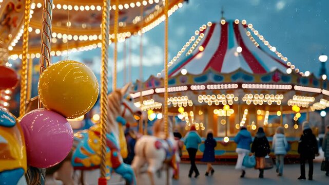Colorful carousel captures joyful moment at nighttime fair with motion and lights