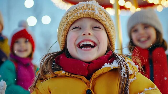 Joyful children playing in snow at festive winter fair with bright lights and laughter