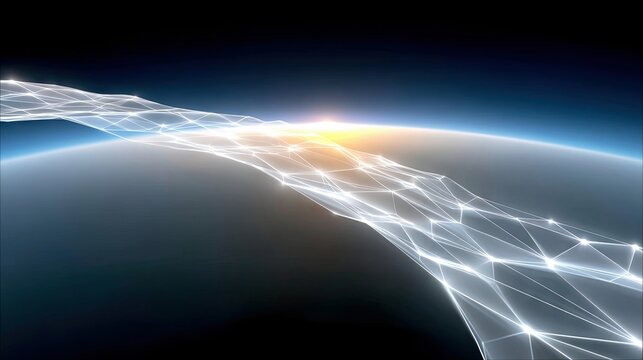A luminous, abstract network of glowing lines and nodes stretches across the curve of the Earth. The sun rises on the horizon, casting a warm glow.