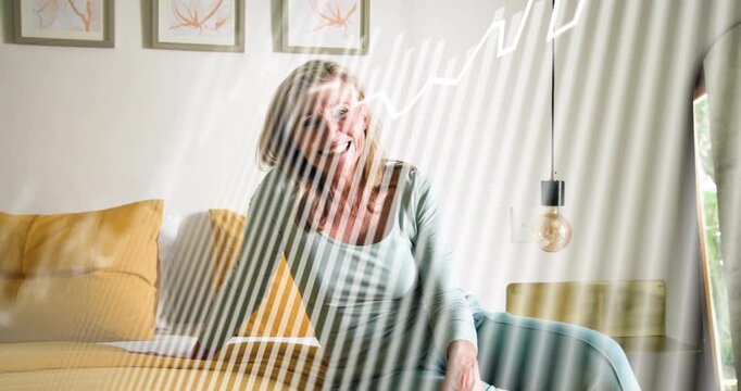 Overlay stripes, bright squiggle sweeping causing woman shifting on bed, turning, smiling for home