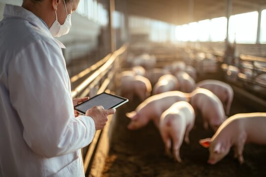 Senior veterinarian using tablet to monitor pigs in pen at a pig farm from the rear view