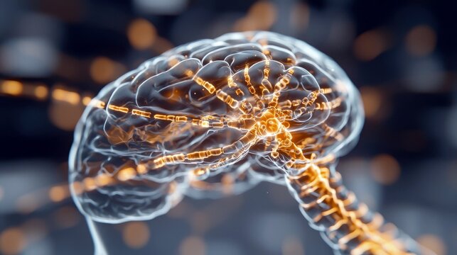 A transparent, glowing brain and spinal cord model with illuminated neural pathways and connections against a dark, bokeh background. - Powered by Adobe