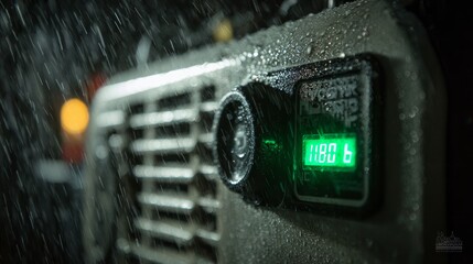Close up of a portable emergency generator powering a home amidst a storm with glowing led indicator
