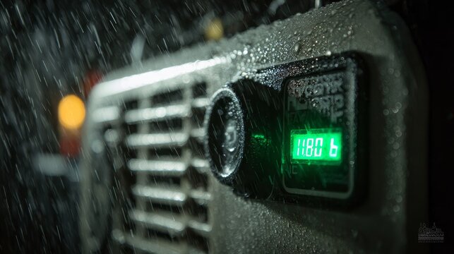 Close up of a portable emergency generator powering a home amidst a storm with glowing led indicator