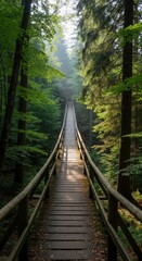 Fototapeta premium Mysterious long wooden boardwalk path extending through a dense sunlit forest into an ethereal misty unknown