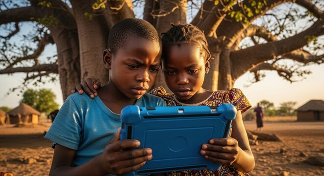 Two children are looking at a tablet together