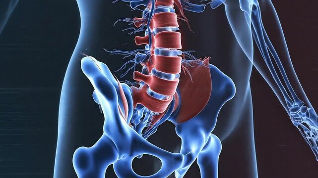 Anatomical 3D Rendering of Human Pelvic Floor Muscles and Lumbar Spine Showing Health and Muscular Support With Blue Digital Grid Overlay