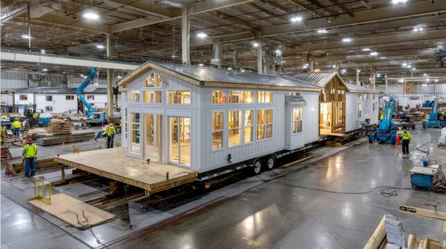 Construction of white modular home in factory with workers present under bright overhead lighting