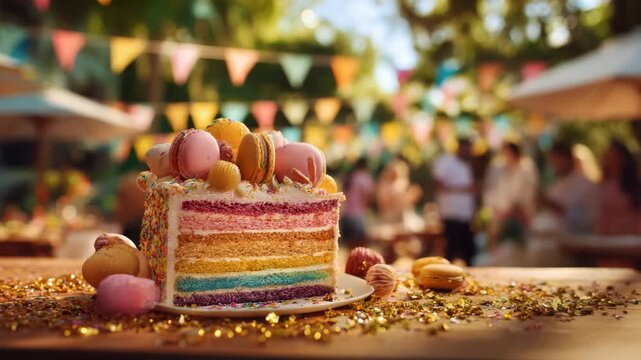 Colorful rainbow layer cake with macarons at outdoor celebration party