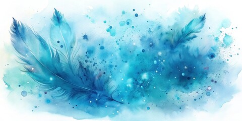 Obraz premium Ethereal Watercolor Painting of Delicate Blue Feathers Floating in a Dreamlike, Spattered Sky
