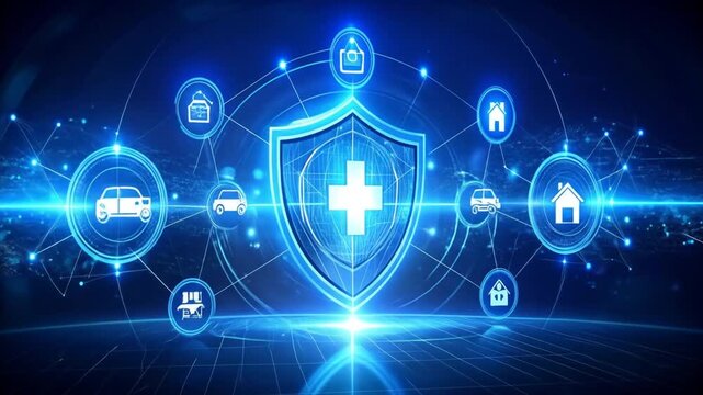 Digital illustration of insurance coverage concept, shield with icons of protection