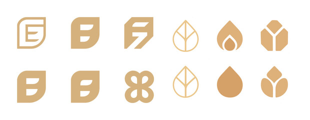 Collection of abstract geometric leaf and water drop logos in gold tones