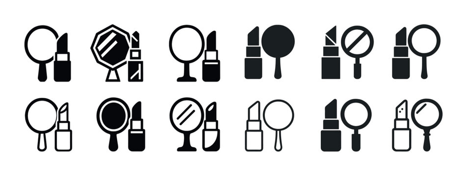 Set of makeup icon illustrations featuring lipsticks and mirrors