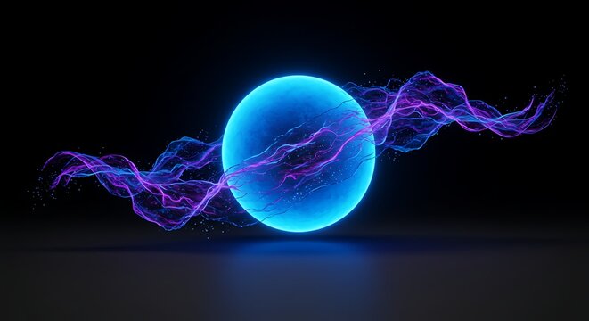 Glowing sphere surrounded by dynamic energy trails, creating a futuristic, abstract composition