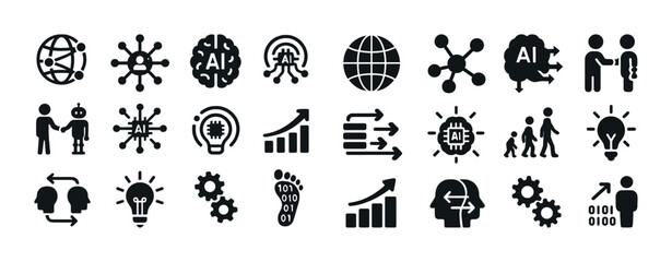 Artificial intelligence icons set featuring human interaction and technological concepts