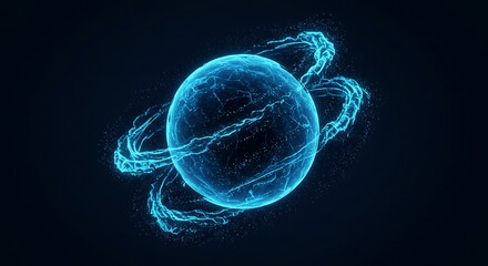 Glowing sphere surrounded by luminous, swirling energy rings against dark blue background