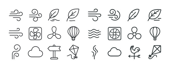 Naklejka premium Wind symbols and weather elements collection: clouds, leaves, fans, kites, balloons
