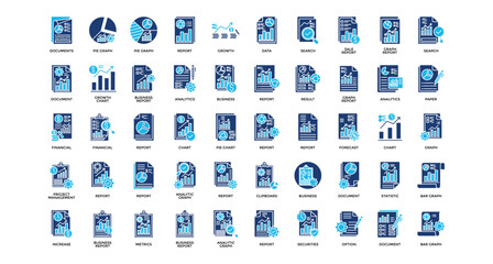 Document analysis icon set collection. Containing result, increase, review, documents, advice, report, diagram .Line vector icons collection
