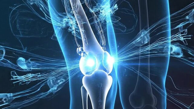 Anatomical visualization of a human knee joint highlighting inflammation and pain with a glowing red spot on the femur and tibia bones against a dark blue scientific