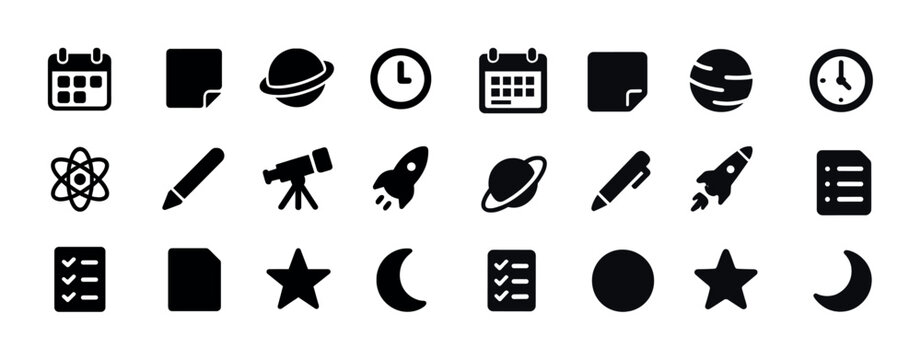 Black and white icon set with calendars, planet, clock, and space themes