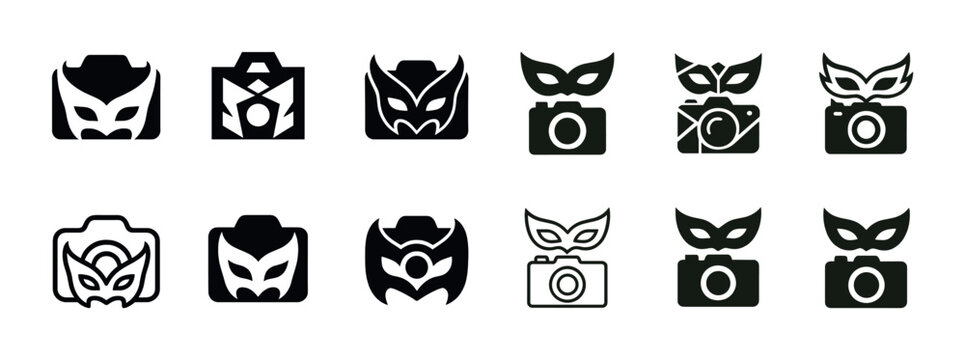 Camera and mask icons set: creative designs for photography and masquerade themes