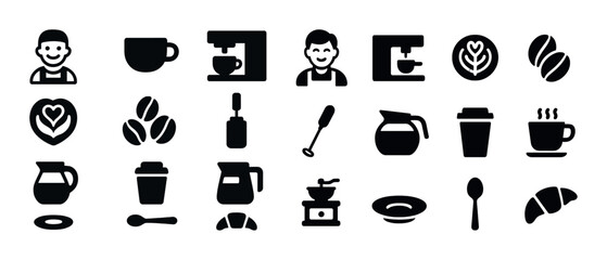 Coffee icons collection with barista, coffee machines, and beverage symbols
