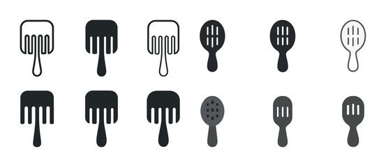Icon set of various hair brushes featuring different shapes and styles