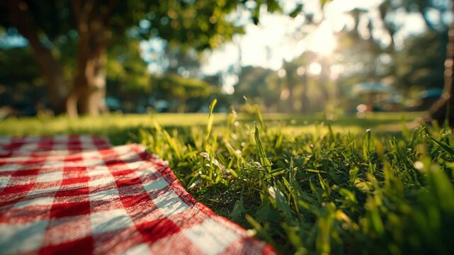 Cozy picnic blanket on green grass in a sunny park setting outdoors