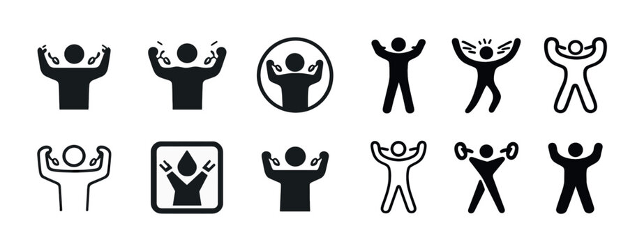 Collection of joyful human figures icons displaying excitement in various poses