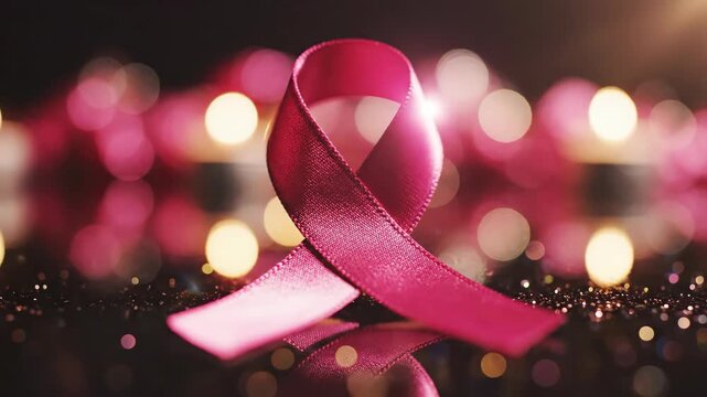 A close-up shot of a pink ribbon, a symbol of breast cancer awareness, with bokeh lights in the background. - Powered by Adobe