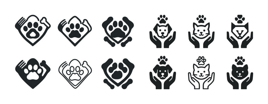 Paw print and pet icons: dog and cat care symbols in black and white