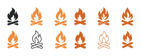 Collection of campfire icon variations in multiple styles and colors