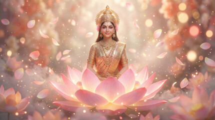 Divine goddess in golden attire, seated gracefully on a radiant pink lotus flower amidst ethereal glow and floating petals