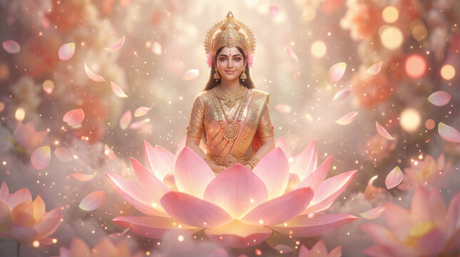 Divine goddess in golden attire, seated gracefully on a radiant pink lotus flower amidst ethereal glow and floating petals