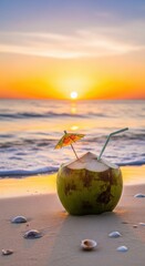 Refreshing green coconut drink with straw umbrella on sandy beach tranquil tropical sunset scene