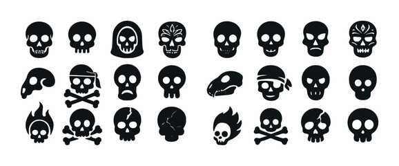 Collection of diverse skull illustrations in black silhouettes