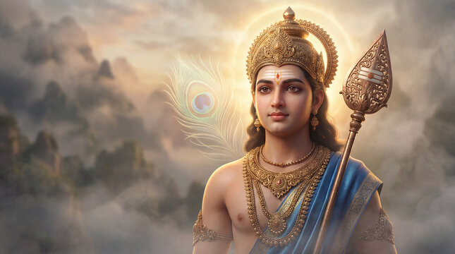 Divine depiction of lord murugan, the hindu god of war, with a golden crown and spear