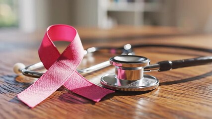 A pink ribbon symbolizing breast cancer awareness rests beside a stethoscope on a wooden surface.