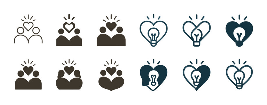 Icons depicting community and innovation with heart and light bulb designs
