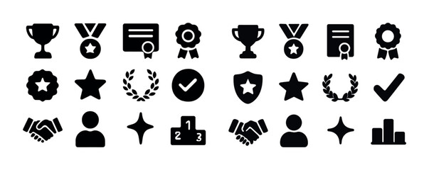 Collection of award icons: trophies, medals, certificates, stars, laurel, podiums, checkmarks