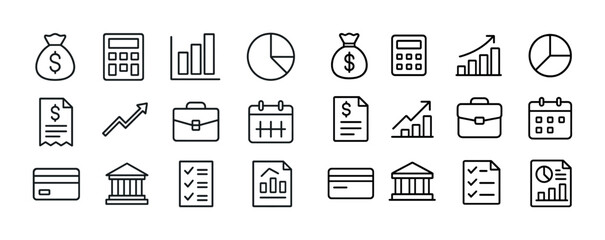 Set of financial and business icons including charts, calculators, and documents