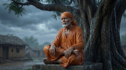 Spiritual man in orange robe meditating under a large tree during a rainy monsoon in a rural indian village