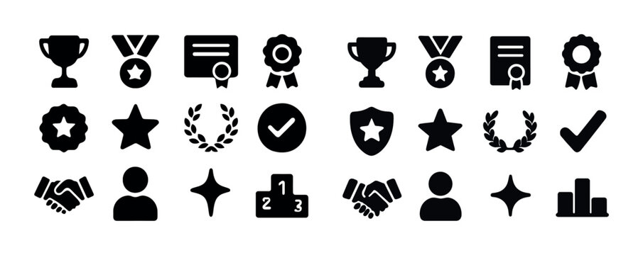 Collection of award icons: trophies, medals, certificates, stars, laurel, podiums, checkmarks