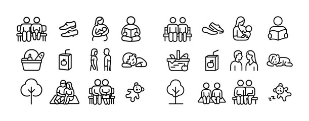 Minimalist line icons: family activities and daily life
