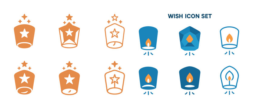 Wish lantern icon set featuring stars and flames